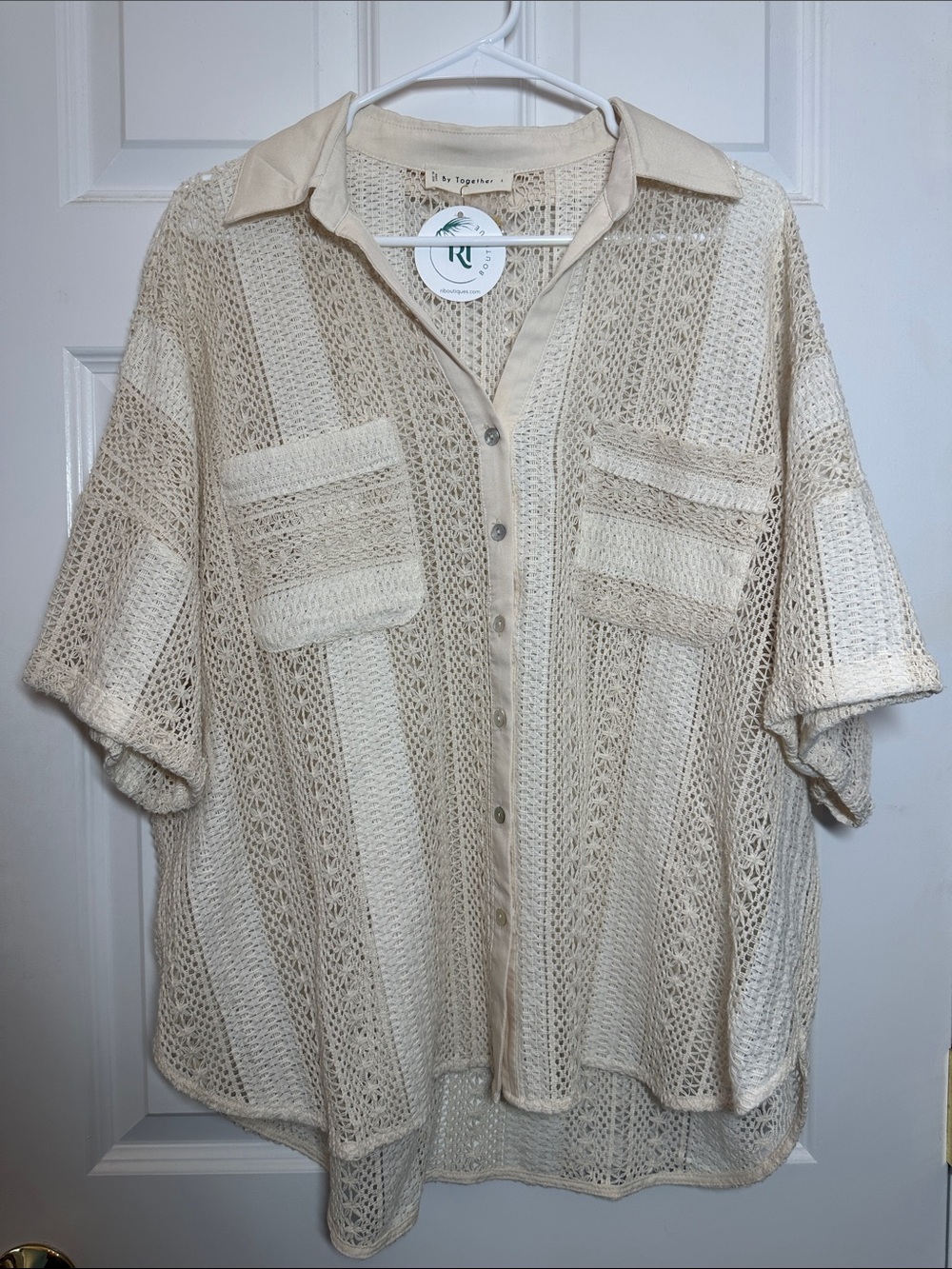 NWT Together Cavalleri Cream Open-Knit Button-Up Shirt Sz L BOUTIQUE